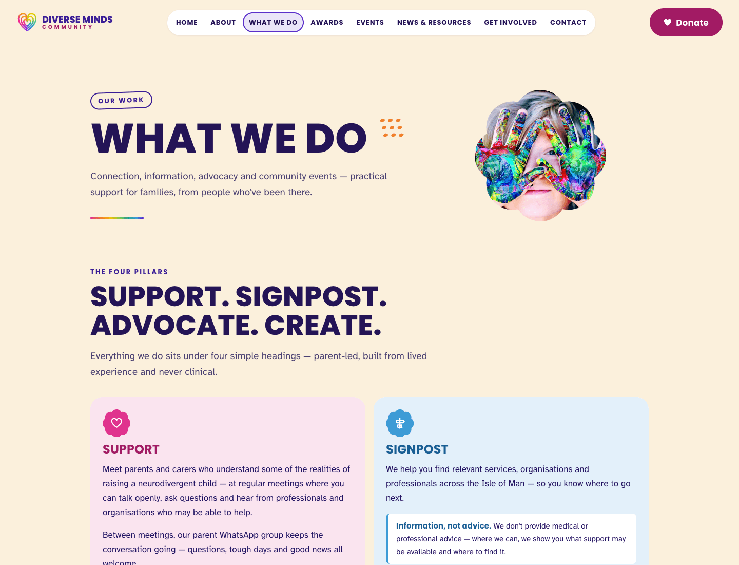 Diverse Minds What We Do page showing the four community service pillars