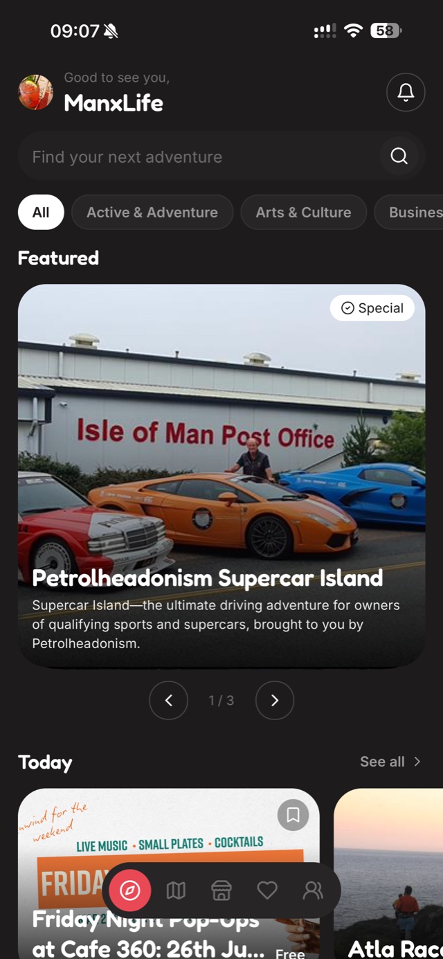 The Discover feed — featured and today's events across the island