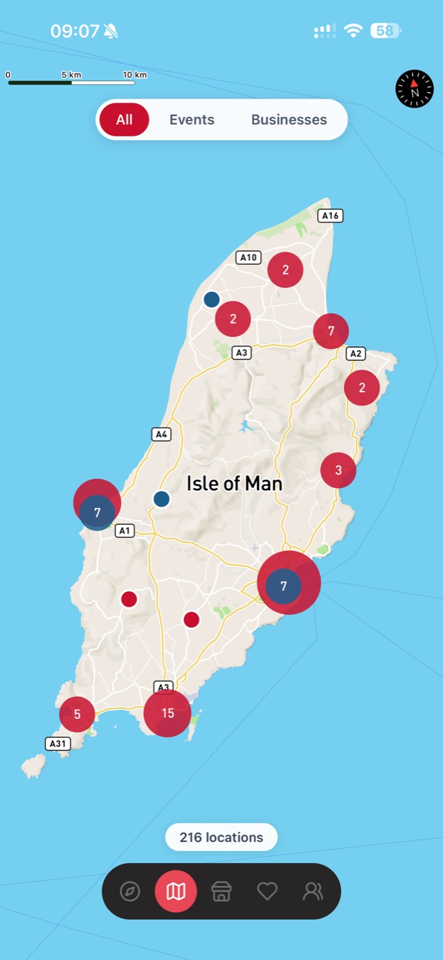 The live map — events and businesses clustered across the Isle of Man