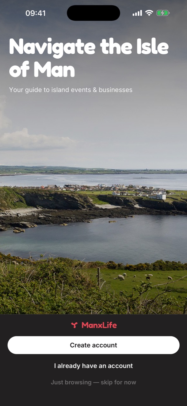 ManxLife app welcome screen — “Navigate the Isle of Man” over a photo of the island's coastline